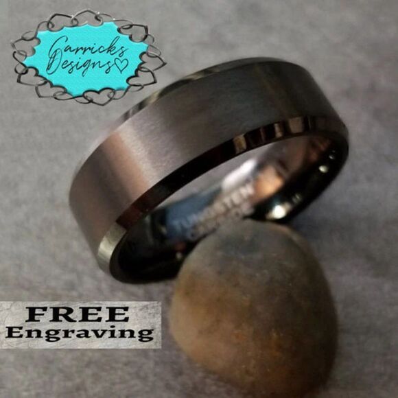Engraved Men's Real Matte Black Tungsten Wedding Ring  Durable Black Powder Coat - Picture 7 of 8